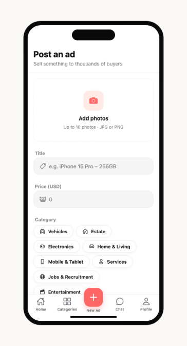 Post an ad screen with a single add-photos step, title, price and category