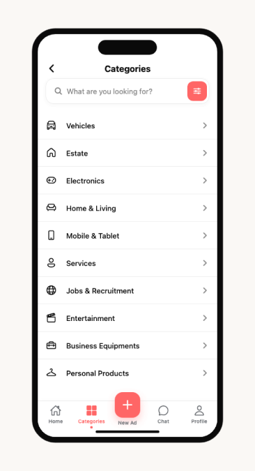 Categories screen listing Vehicles, Estate, Electronics and other browsing categories