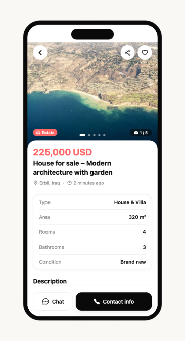Listing detail page with prominent Chat and Contact info buttons
