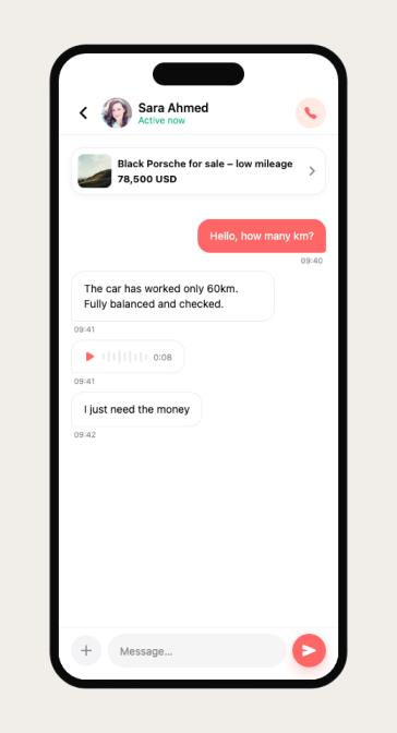 A chat thread between buyer and seller with a voice note