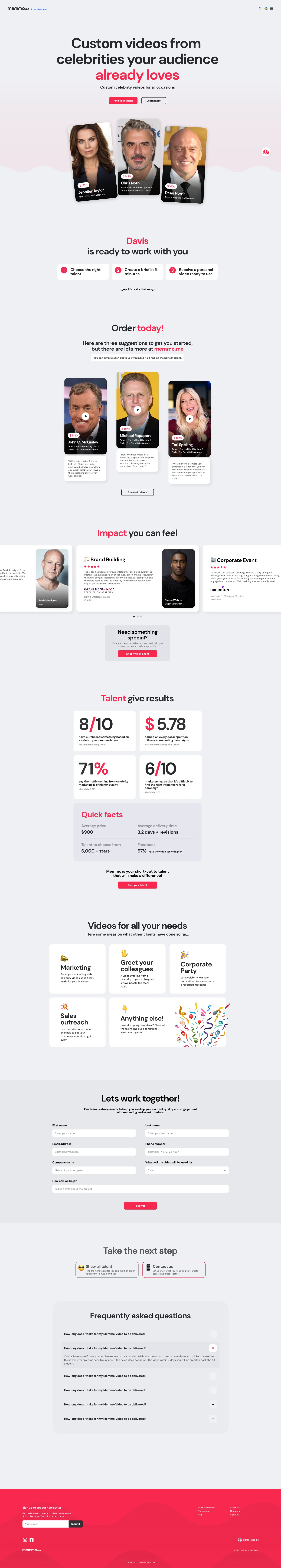 Full scrollable preview of the redesigned Memmo for Business page, from hero through talent categories to the contact form