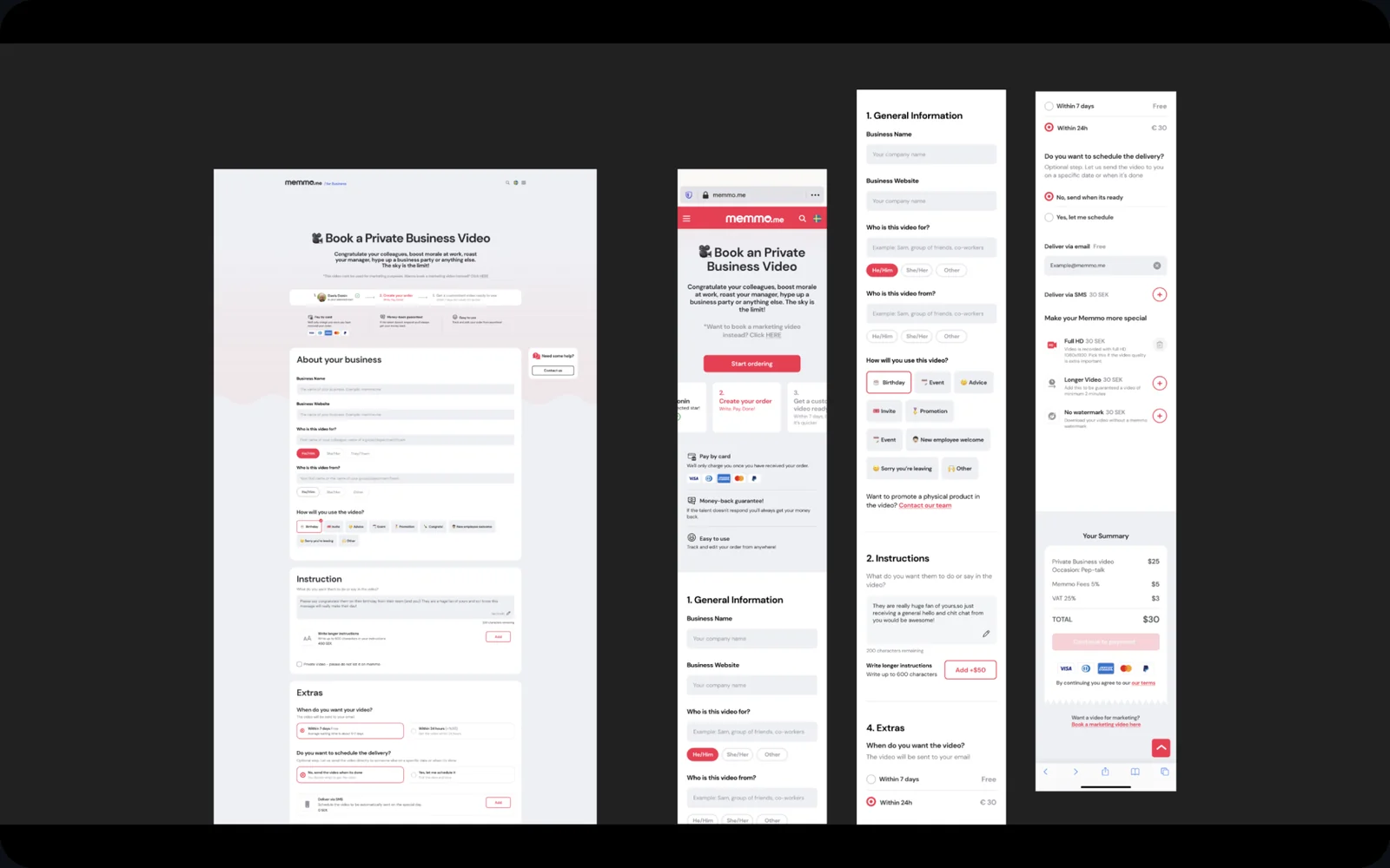 Booking form and checkout screens for the redesigned Book a Private Business Video flow, desktop and mobile