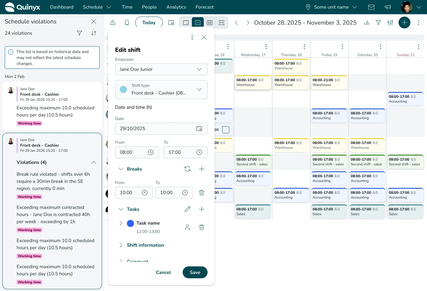Schedule violations list and edit shift modal showing four violations for one shift